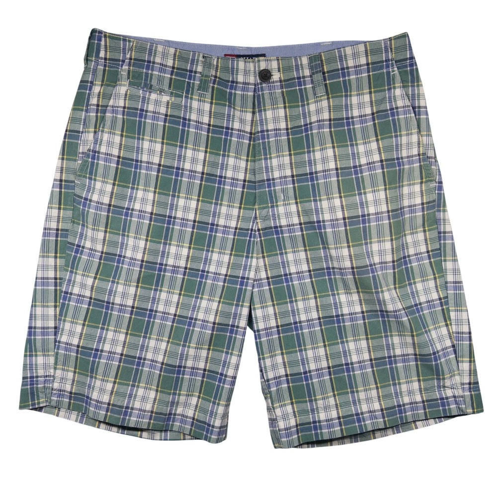Vintage Y2K Chaps by Ralph Lauren Mens 34 Plaid Shorts Green Blue White Preppy